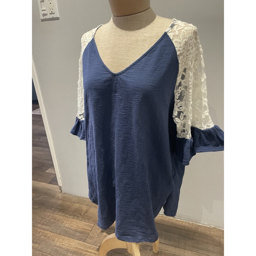 Suzanne Betro Ruffle Lace Short Sleeve Navy Blue Cotton Top 1X Cottagecore Women